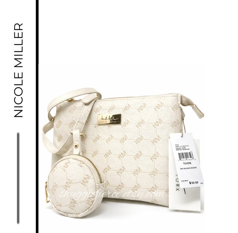 MSRP $50 | NWT Nicole Miller Off White Logo Crossbody Bag w/ Pouch Gold Hardware